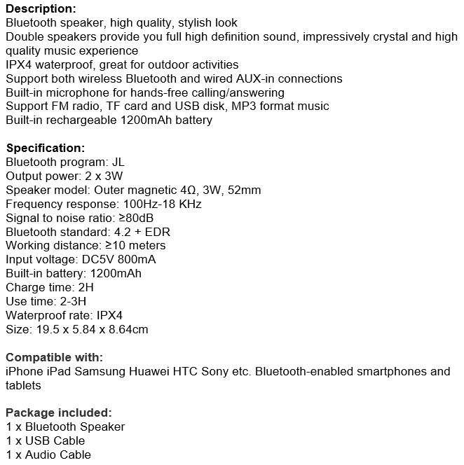 Waterproof Wireless Bluetooth Speaker Support FM Radio, USB, SD Card & Aux-in