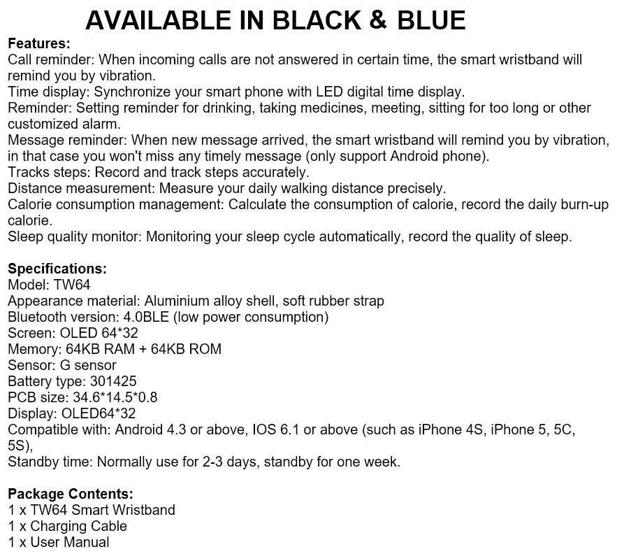 Bluetooth Smartwatch & Fitness Bracelet with Pedometer for Samsung & Android Phones - 3 Colours