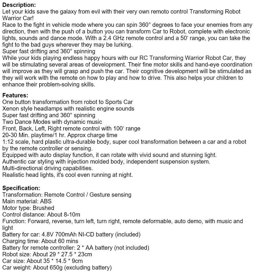 2.4Ghz Gesture Sensing Remote Control TRANSFORMER Robot Car, Xenon Style Lights & Engine Sounds