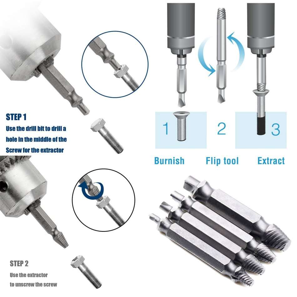 4 Piece Damaged Screw Extractor Set - Remove any stripped screw in 10 seconds or less with any drill