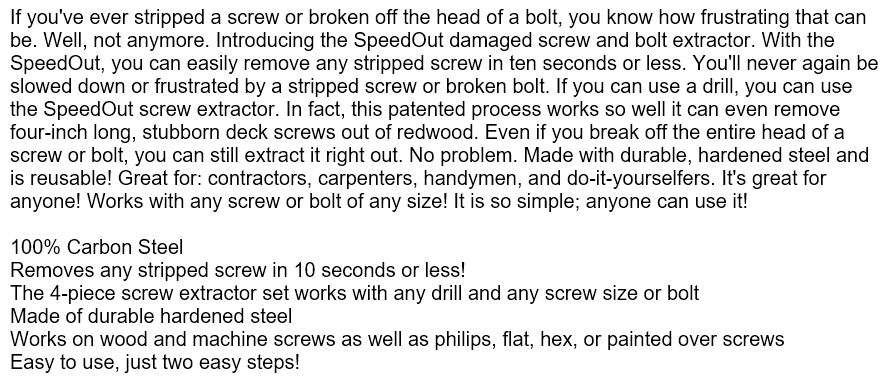 4 Piece Damaged Screw Extractor Set - Remove any stripped screw in 10 seconds or less with any drill