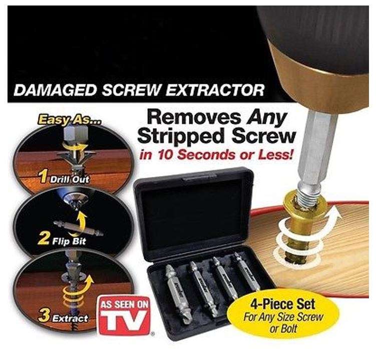 4 Piece Damaged Screw Extractor Set - Remove any stripped screw in 10 seconds or less with any drill