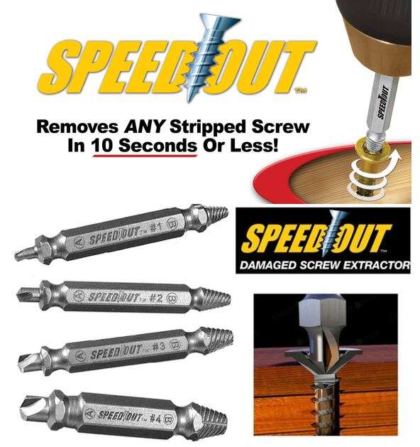 4 Piece Damaged Screw Extractor Set - Remove any stripped screw in 10 seconds or less with any drill