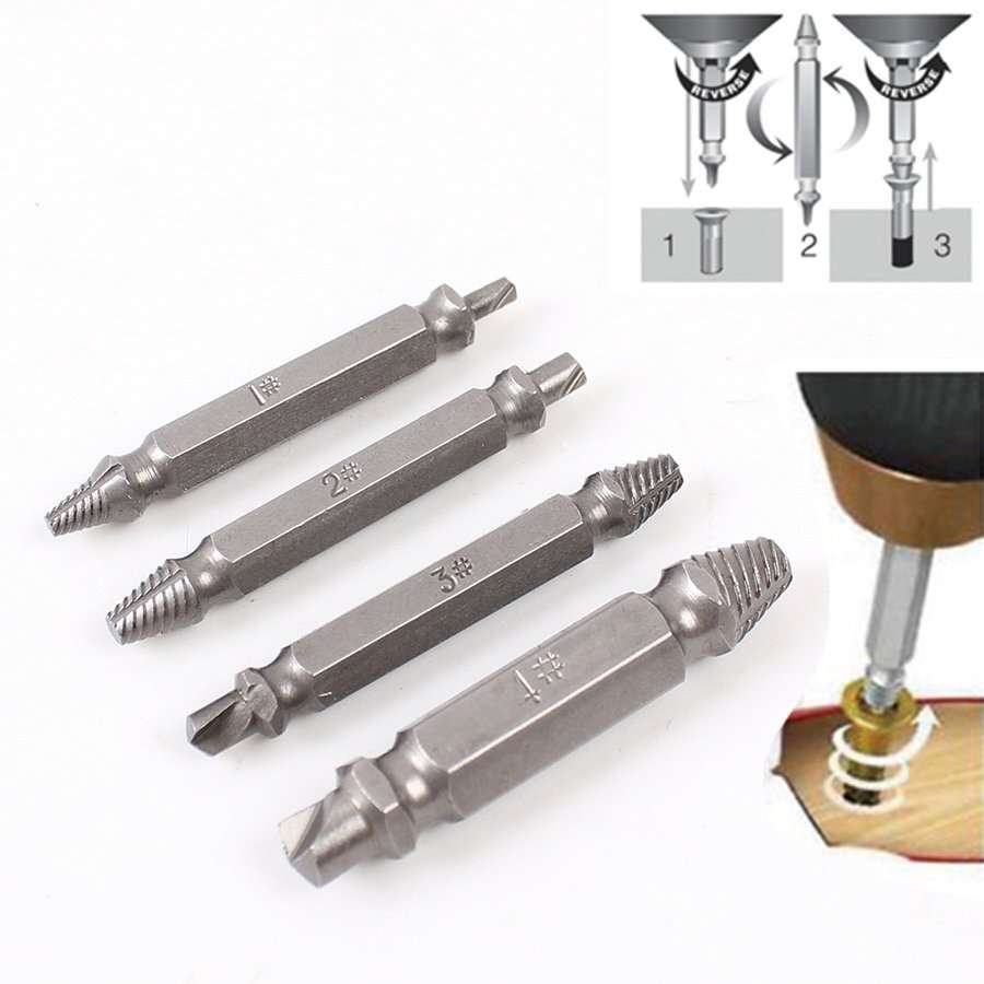 4 Piece Damaged Screw Extractor Set - Remove any stripped screw in 10 seconds or less with any drill