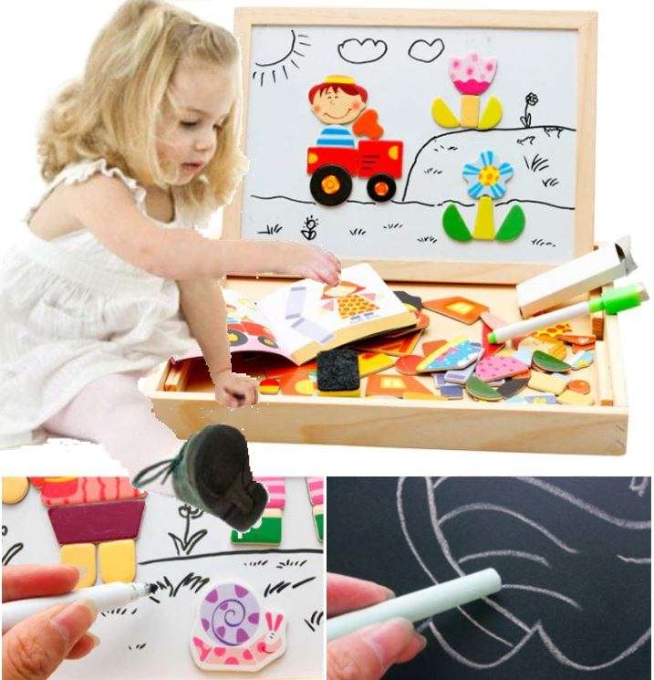 Wooden Educational Figure Box Set with magnetic white board, Chalk Board & Accessories