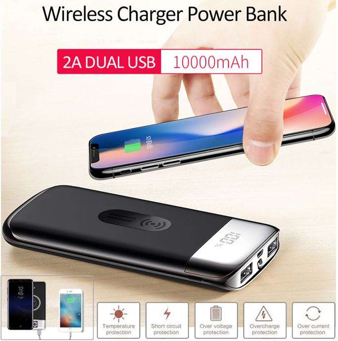 10000mAh Dual USB Power Bank & Wireless Fast Charger, LED Digital Display & Flashlight