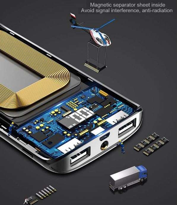 10000mAh Dual USB Power Bank & Wireless Fast Charger, LED Digital Display & Flashlight