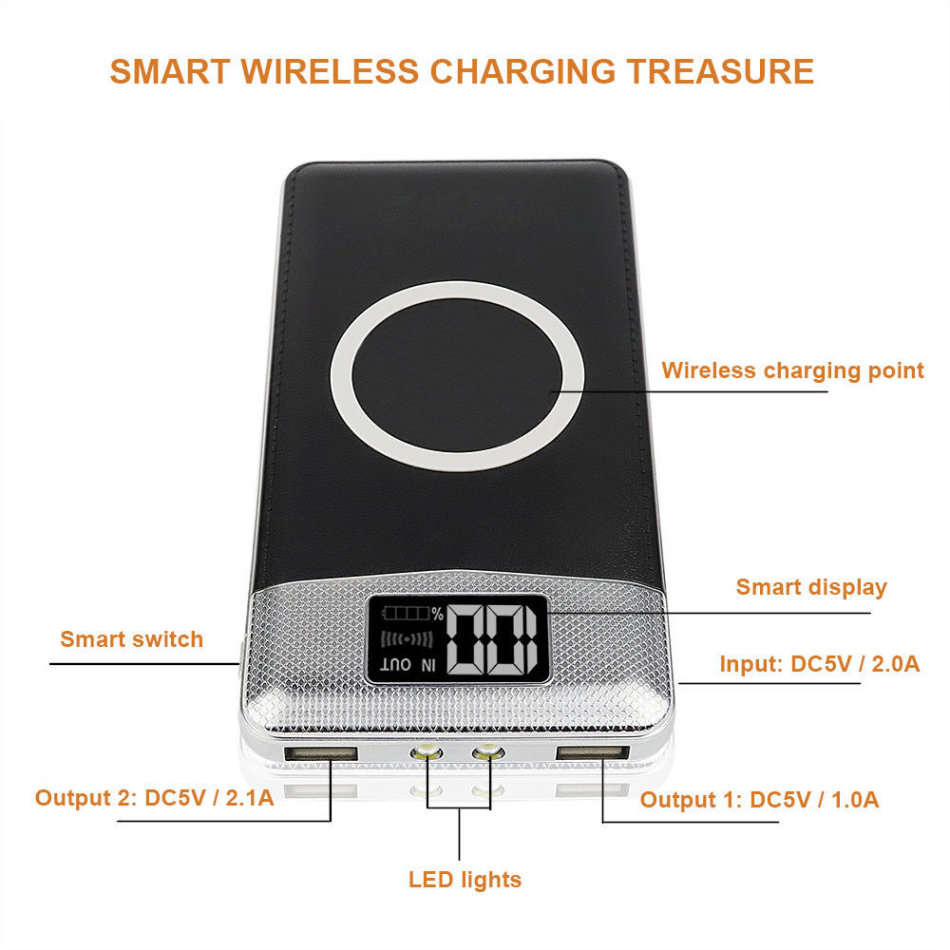 10000mAh Dual USB Power Bank & Wireless Fast Charger, LED Digital Display & Flashlight