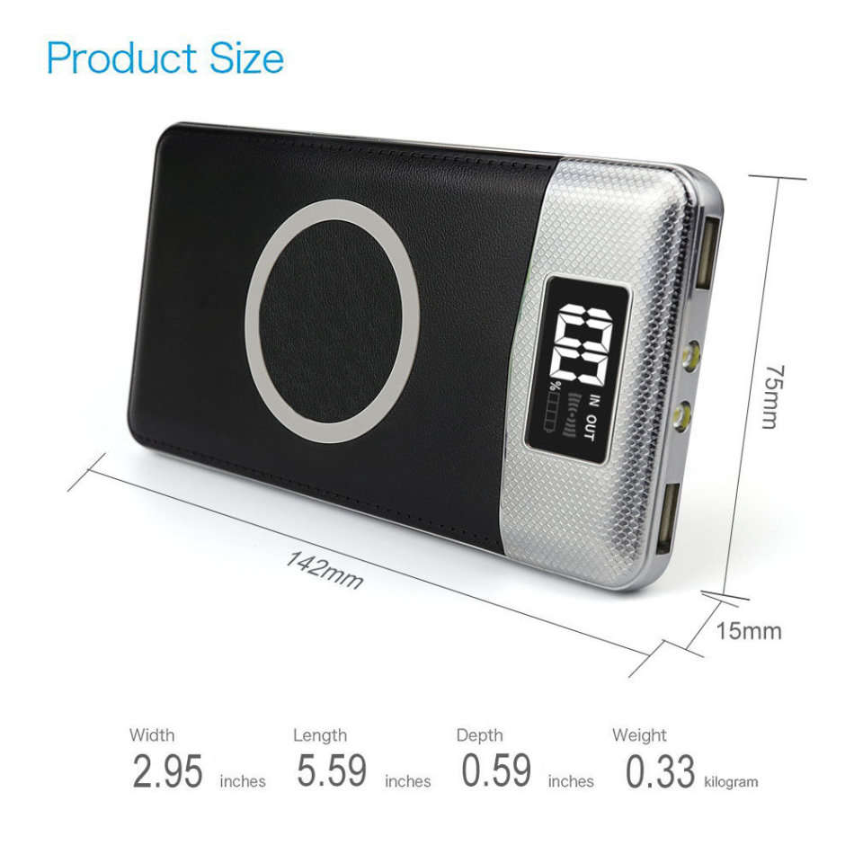 10000mAh Dual USB Power Bank & Wireless Fast Charger, LED Digital Display & Flashlight