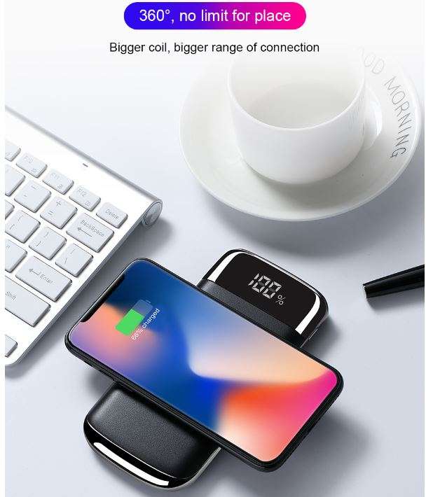 10000mAh Dual USB Power Bank & Wireless Fast Charger, LED Digital Display & Flashlight