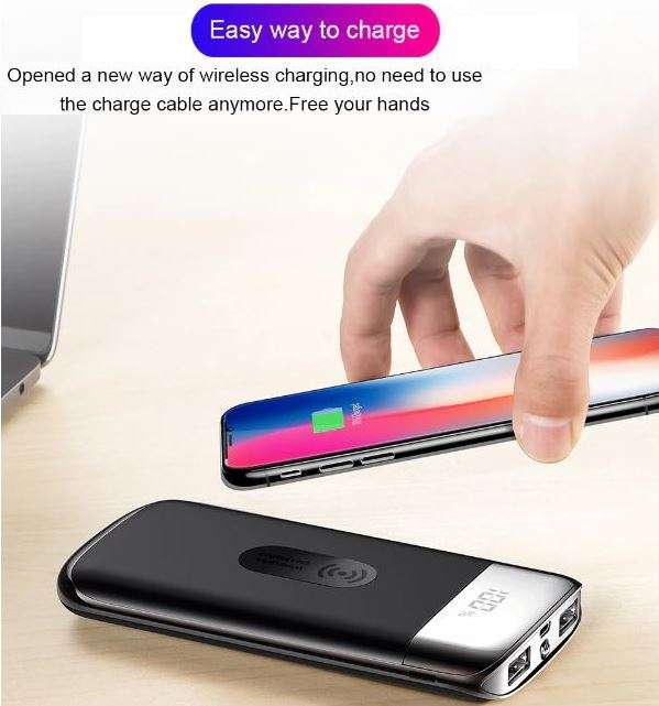 10000mAh Dual USB Power Bank & Wireless Fast Charger, LED Digital Display & Flashlight