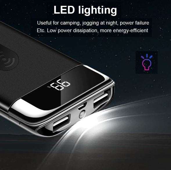 10000mAh Dual USB Power Bank & Wireless Fast Charger, LED Digital Display & Flashlight
