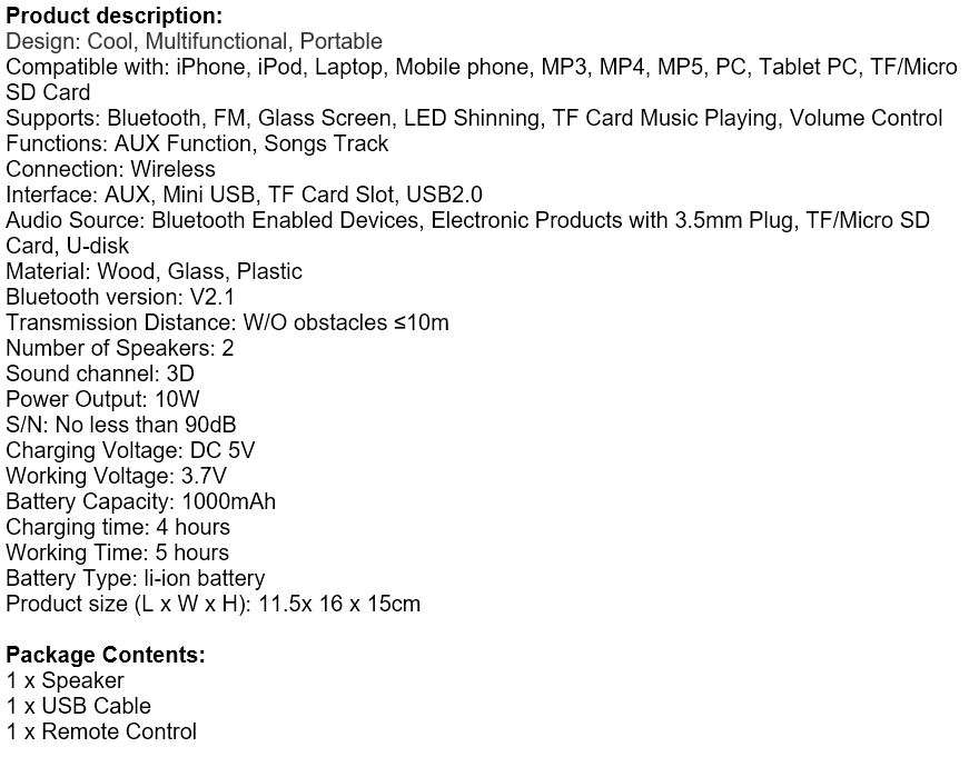 Bluetooth Multimedia Sub-woofer Speaker With USB / SD / AUX / FM Radio - LED Shining Glass Display