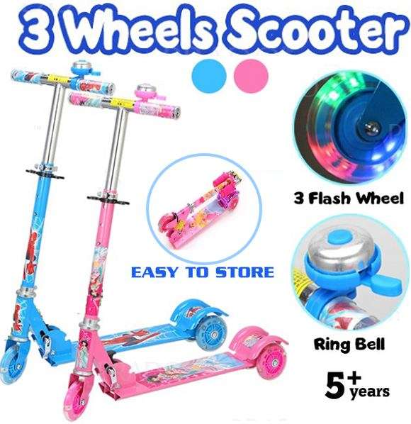 Three Wheel Adjustable Height Metal Folding Skate Scooter with Led Lights and Bell in Blue or Pink