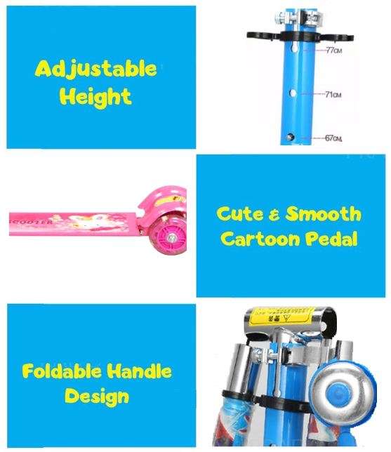 Three Wheel Adjustable Height Metal Folding Skate Scooter with Led Lights and Bell in Blue or Pink