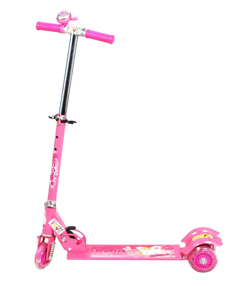 Three Wheel Adjustable Height Metal Folding Skate Scooter with Led Lights and Bell in Blue or Pink