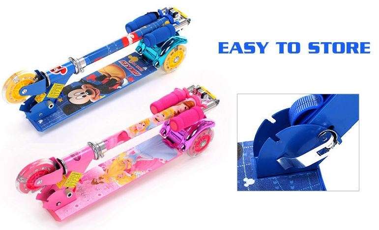 Three Wheel Adjustable Height Metal Folding Skate Scooter with Led Lights and Bell in Blue or Pink