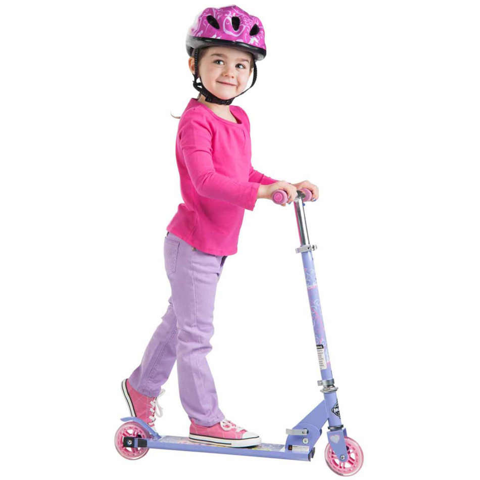Three Wheel Adjustable Height Metal Folding Skate Scooter with Led Lights and Bell in Blue or Pink