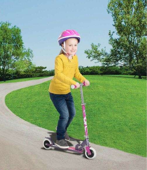 Three Wheel Adjustable Height Metal Folding Skate Scooter with Led Lights and Bell in Blue or Pink