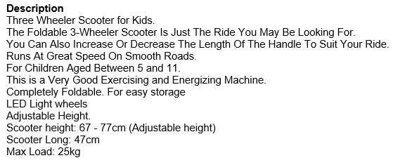 Three Wheel Adjustable Height Metal Folding Skate Scooter with Led Lights and Bell in Blue or Pink