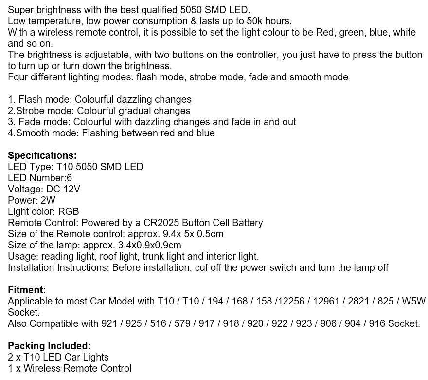 2 X T10 Super Bright LED Car Lights with 4 different modes and last up to 50k hours