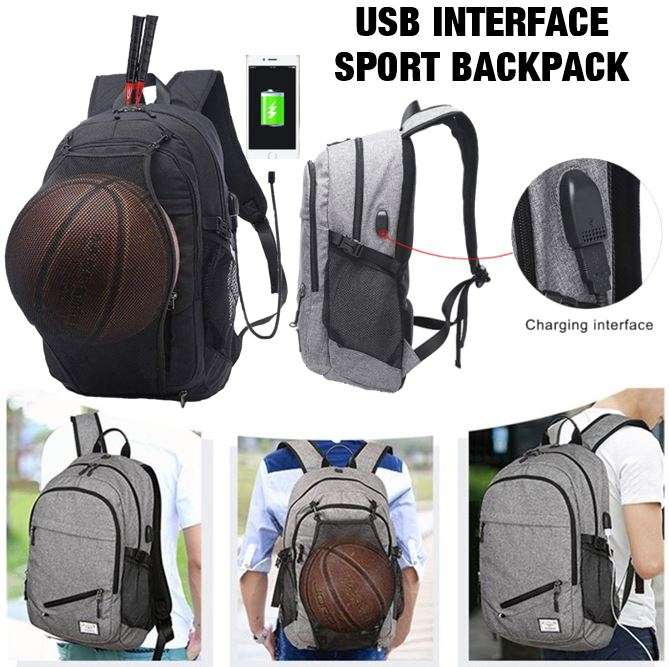 USB Interface Sports Backpack with ball net zipper compartment & Multiple Storage Compartments