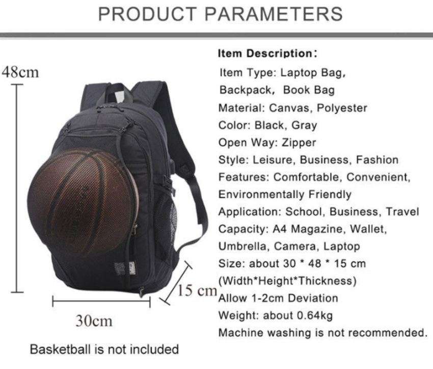 USB Interface Sports Backpack with ball net zipper compartment & Multiple Storage Compartments