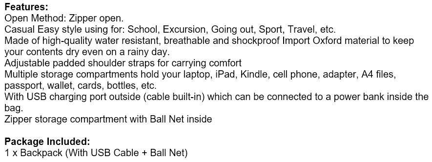 USB Interface Sports Backpack with ball net zipper compartment & Multiple Storage Compartments