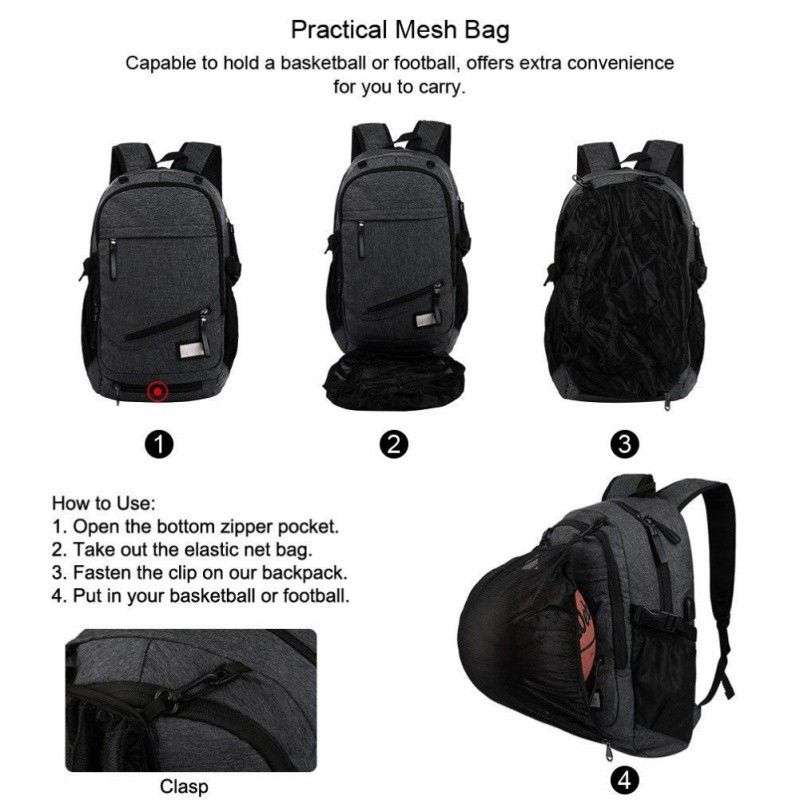 USB Interface Sports Backpack with ball net zipper compartment & Multiple Storage Compartments