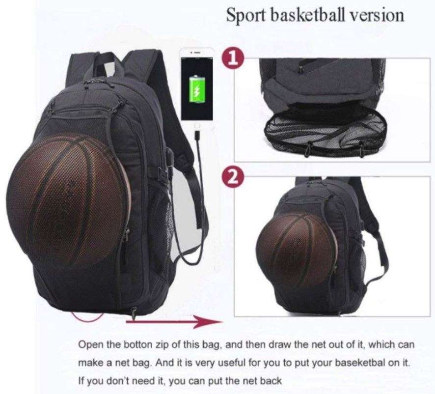 USB Interface Sports Backpack with ball net zipper compartment & Multiple Storage Compartments