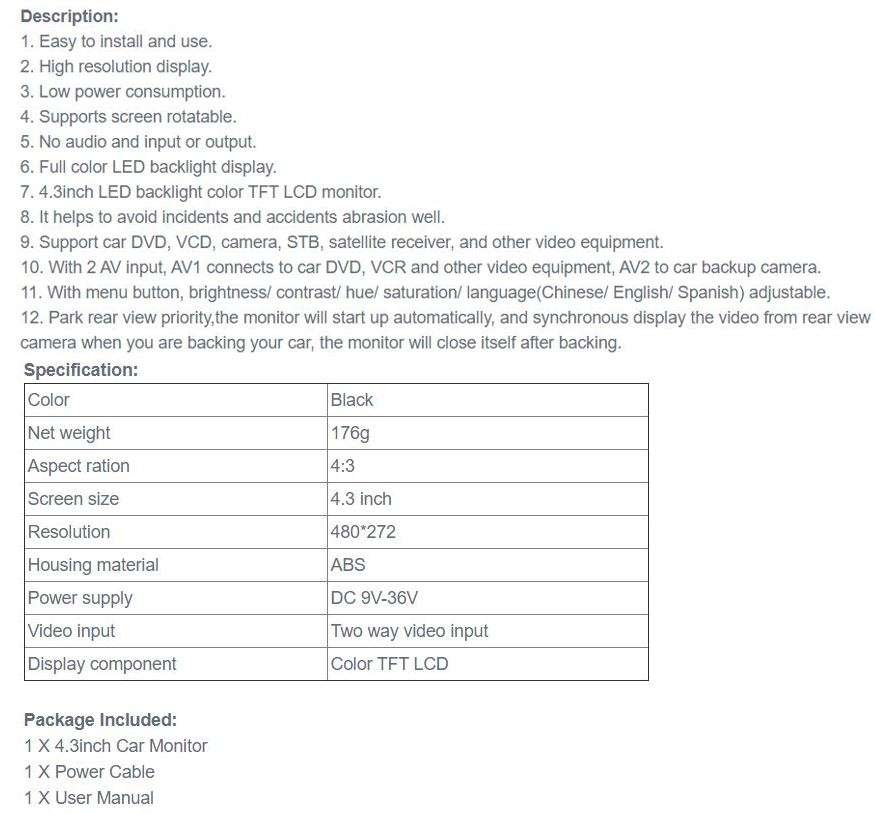 4.3" Car Rearview TFT-LCD Colour Monitor, High Definition with 2 Video inputs LOWEST COURIER FEES