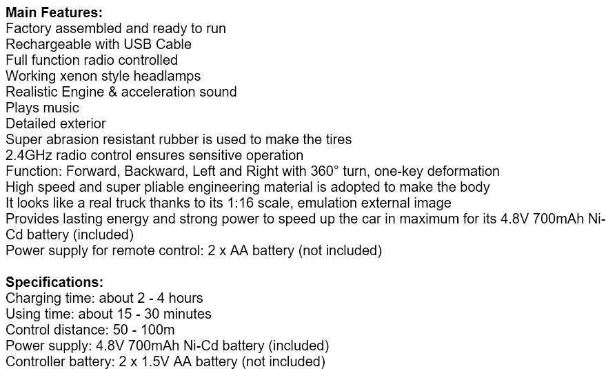 2.4Ghz R/C Optimus Prime Transformer Robot Truck, Xenon lights, 360° turn, one-key deformation