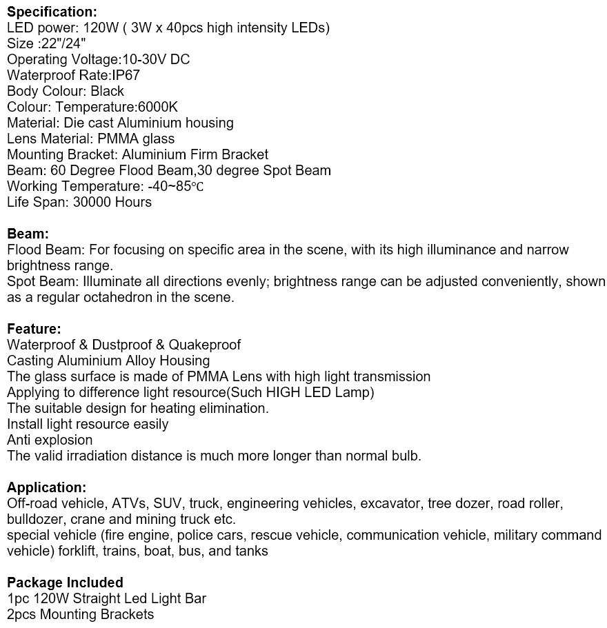 24" 120W Straight Waterproof LED Flood Spot Light Bar