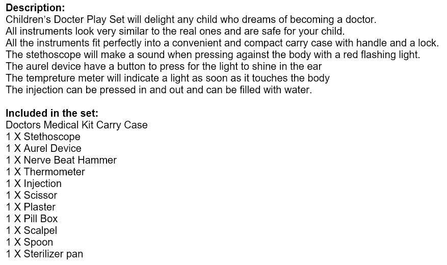 Children's Doctor's Medical Kit with lights & sounds, convenient and Compact in a Carry Case