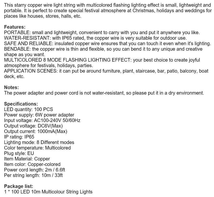 LED Multi-colour Christmas String Lights - 10m, waterproof, 8 Modes, Indoor and Outdoor Use