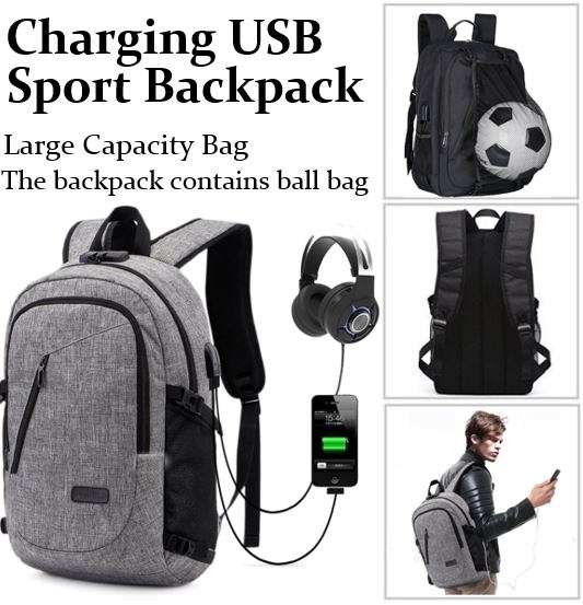 USB Interface Sports Backpack with ball net zipper compartment CHEAPEST COURIER FEES
