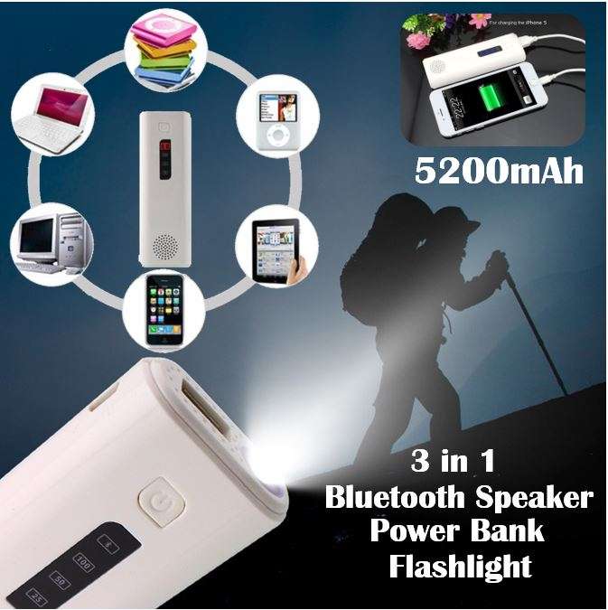 3in1 5200mAh Power Bank, Bluetooth Speaker & Flashlight, USB Interface for Charging of Devices