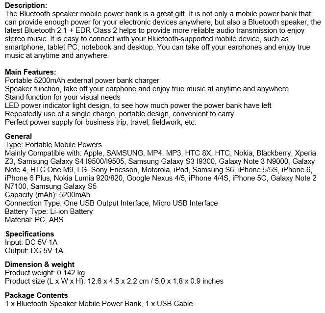 3-in-1 5200 mAh Power Bank, Bluetooth Speaker & Flashlight, USB Interface for Charging of Devices