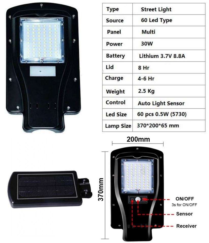 30W LED SOLAR Street Light with Remote, 60 LED, PIR, Motion Sensor, Waterproof with 3 Lighting Modes