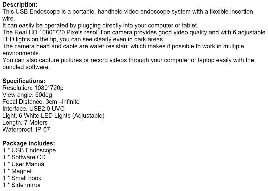 Waterproof USB Camera & Video Endoscope with Magnet, Hook and Side Mirror LOWEST COURIER FEES