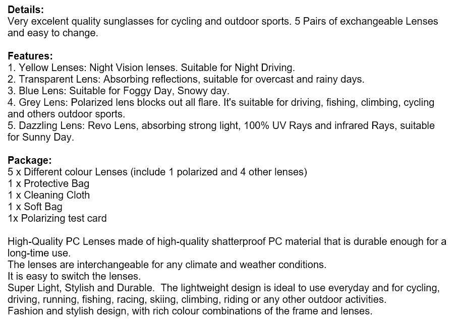 10 Piece Polarized UV400 Cycling Sunglasses with 5 changeable Lenses