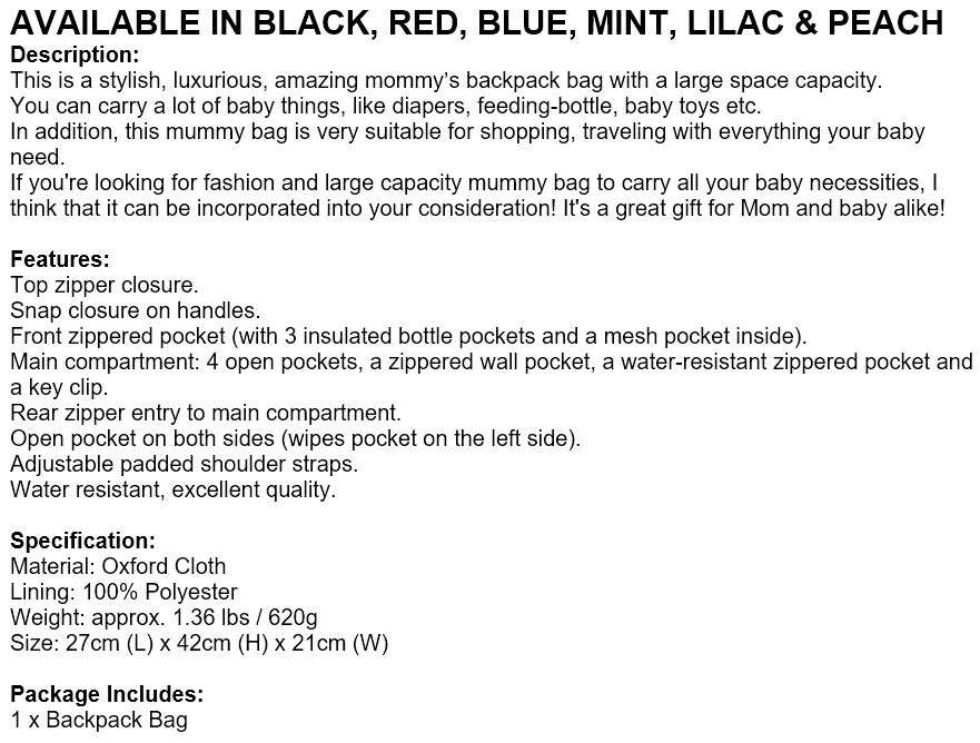 Large Capacity Baby Backpack Bag with insulated bottle pockets