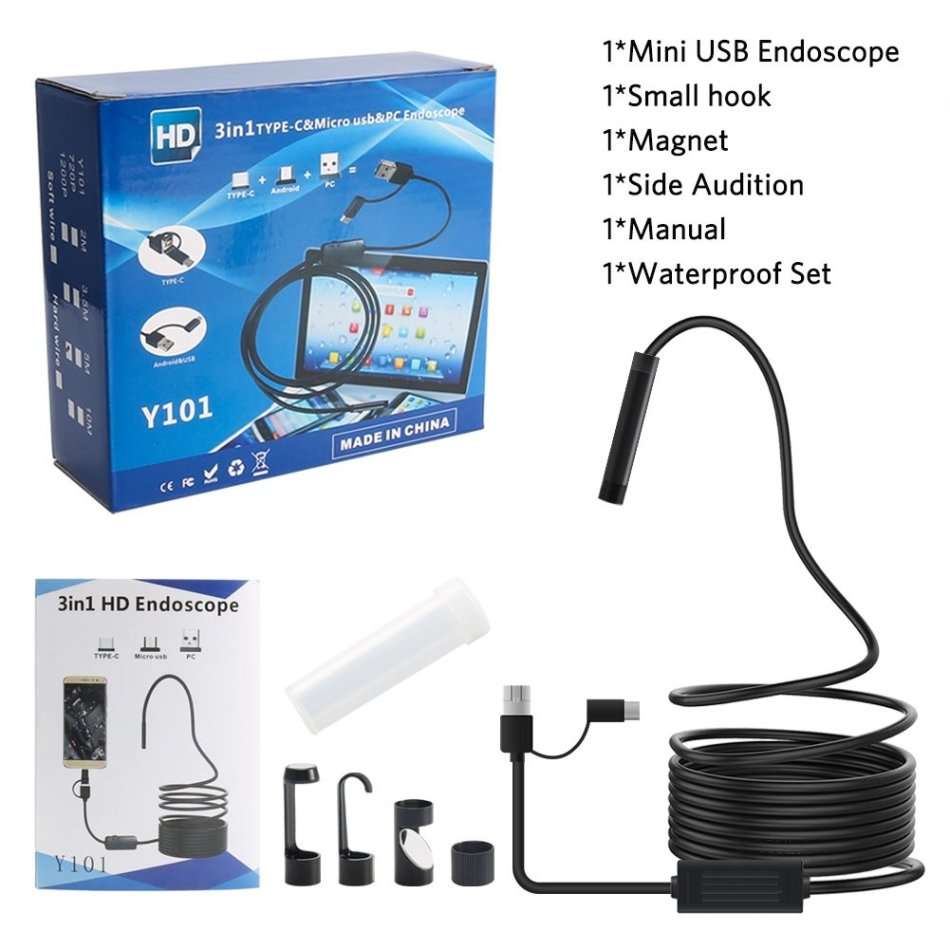3-in-1 HD Waterproof Type-C, Micro USB & PC Endoscope Camera & Video Camera - 10 meters
