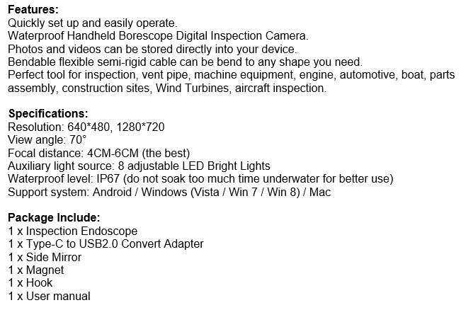 3-in-1 HD Waterproof Type-C, Micro USB & PC Endoscope Camera & Video Camera - 10 meters