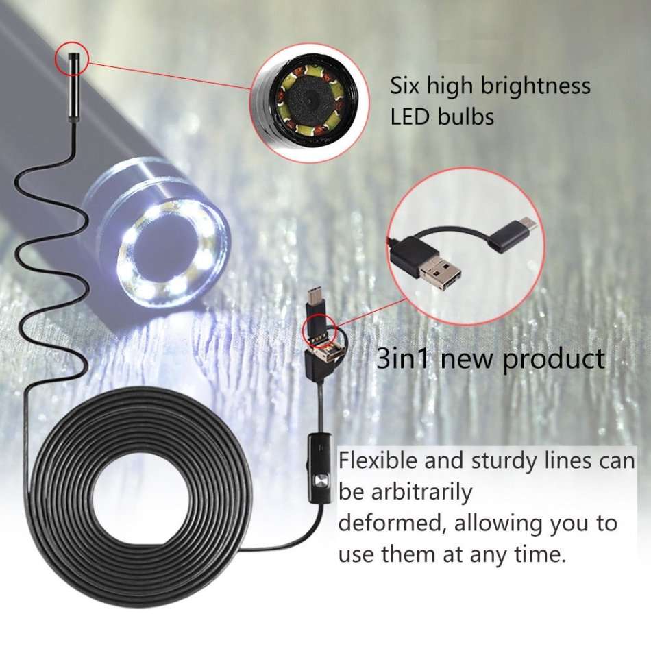 3-in-1 HD Waterproof Type-C, Micro USB & PC Endoscope Camera & Video Camera - 10 meters