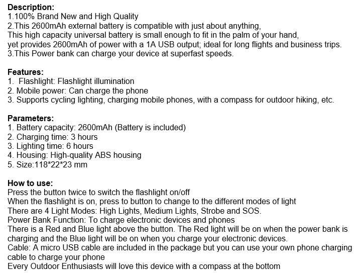 3in1 5600mAh Fast Charge Power bank with 4 modes flashlight and compass