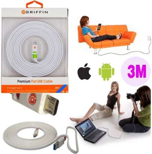 3m Premium Flat USB Cable for Charging of Devices, Move around the room while you charge your device