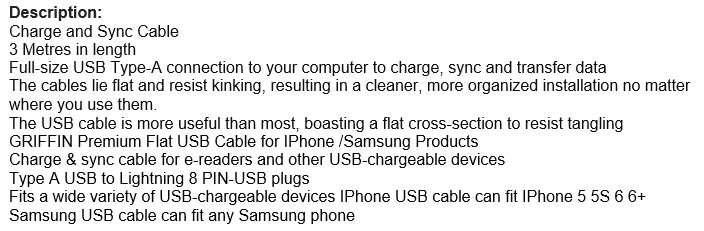 3m Premium Flat USB Cable for Charging of Devices, Move around the room while you charge your device