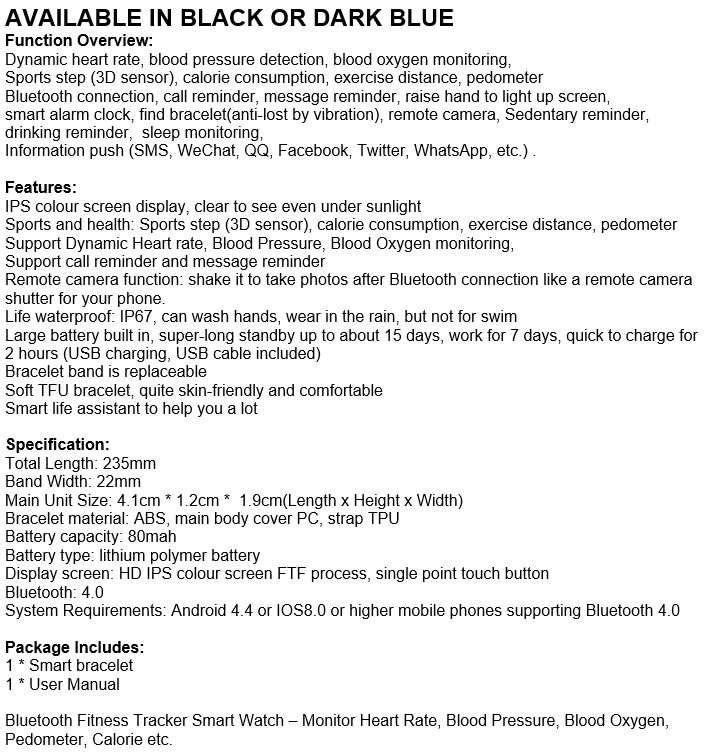 Bluetooth Fitness Tracker Smart Watch - Monitor Heart Rate, Blood Pressure, Blood Oxygen, Pedometer