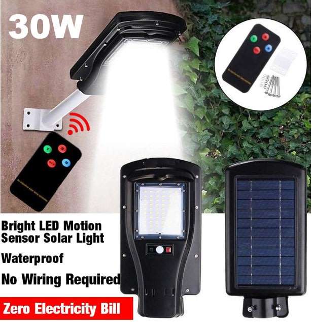 30W LED SOLAR Street Light with Remote, 60 LED, PIR, Motion Sensor, Waterproof with 3 Lighting Modes